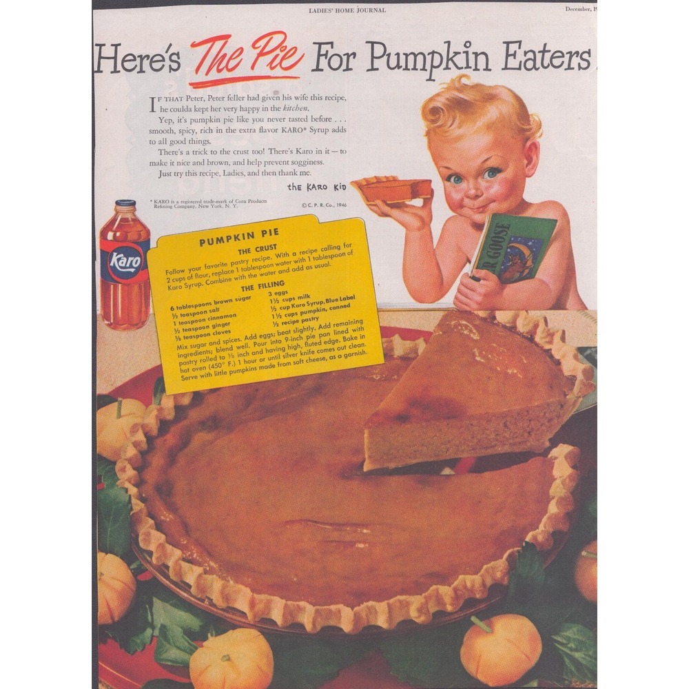Vintage 1946 Karo Syrup Pumpkin Pie Recipe Print Ad The Karo Kid 9.4x12.7